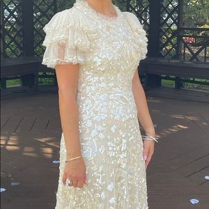 Needle and Thread ruffle cap sleeve beaded/ sequins ankle dress in cream /silver